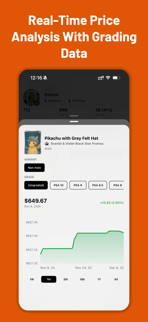 TCG Card Scanner - Pulio - TCG Card Scanner Pulio app displaying real-time price trends and PSA grading data for a rare Pikachu Pokémon card
