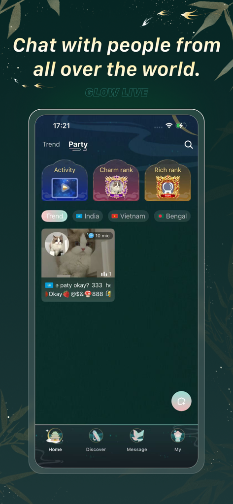 Glow Live-Voice Chat - Glow Live app screen showing a global voice chat party room with ranking features and country tags