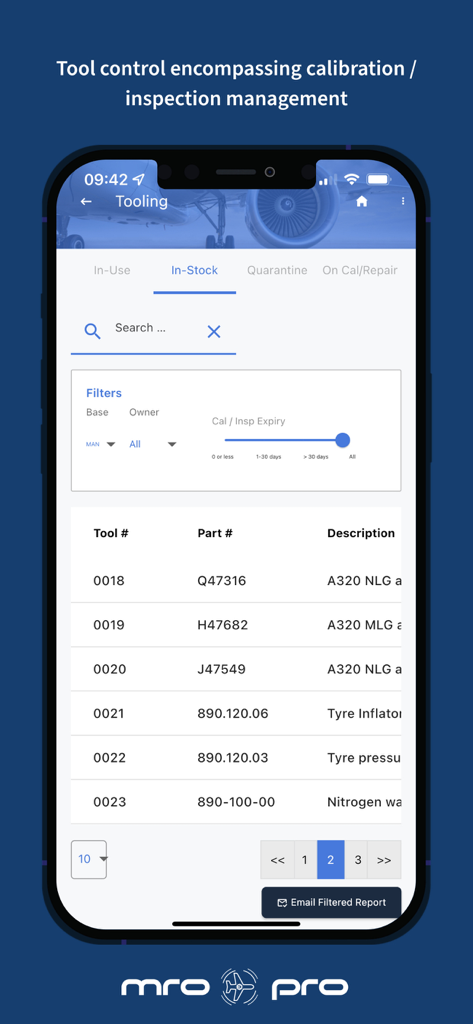 MRO-PRO - MRO-PRO mobile app showing aviation tool control and calibration management