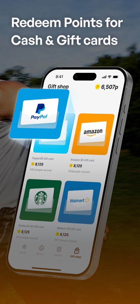 Moneywalk app screen showing the gift shop where users can redeem points for PayPal Amazon and Starbucks gift cards