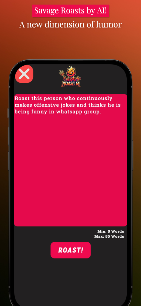 Roast Bot:AI Insult & Joke App - Smartphone displaying the Roast Bot app interface with a text prompt to generate an AI roast