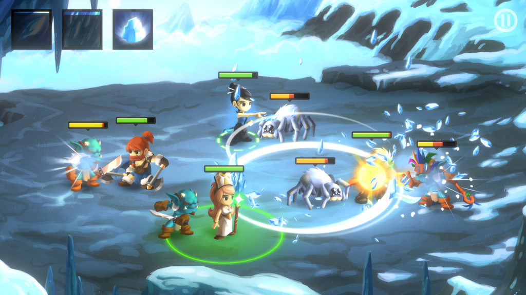 A party of heroes fighting spiders and goblins in a snowy real-time battle in Battleheart 2.