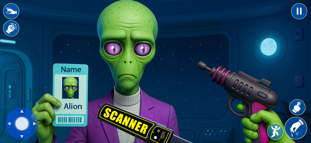 Space Security: Alien Guard - A green alien in a purple suit holding an ID card while being scanned at a space station security checkpoint