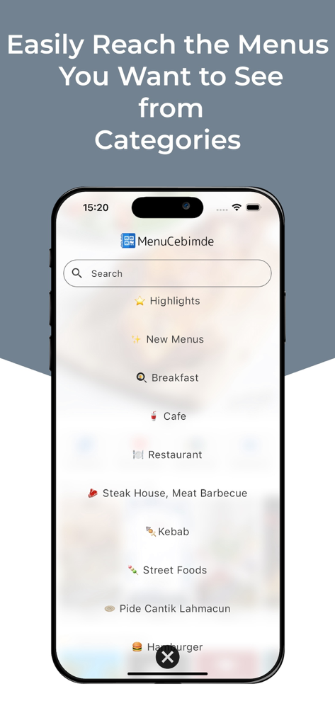 MenuCebimde - Screenshot of MenuCebimde app showing a search bar and a list of food categories like breakfast and kebab