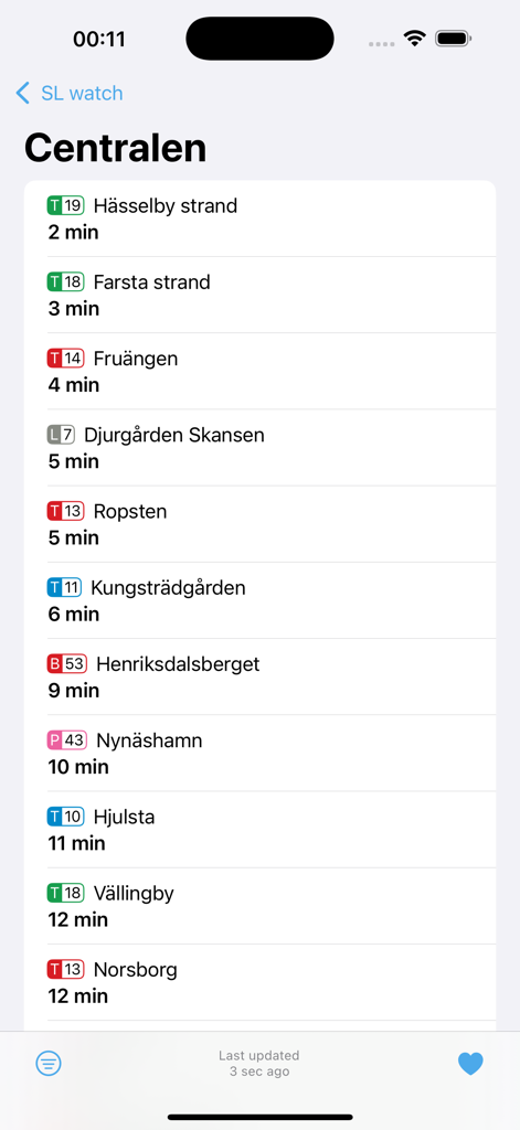 SL watch - SL watch app interface showing real-time departures from Stockholm Centralen station