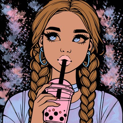 realistic girl with braided hair drinking boba