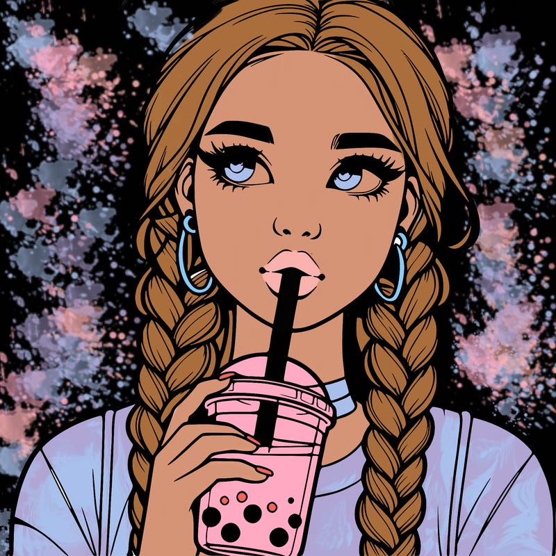 realistic girl with braided hair drinking boba