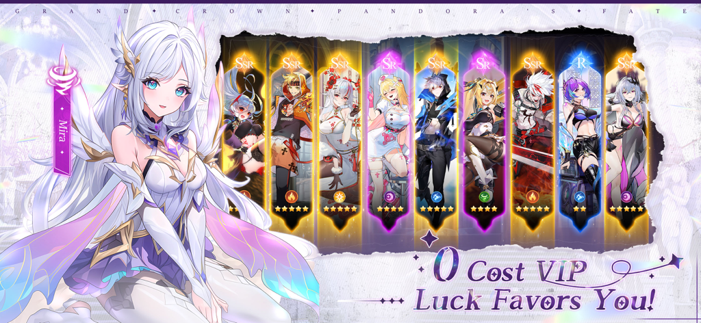 Anime character cards and promotional VIP text for Grand Crown Pandoras Fate mobile game