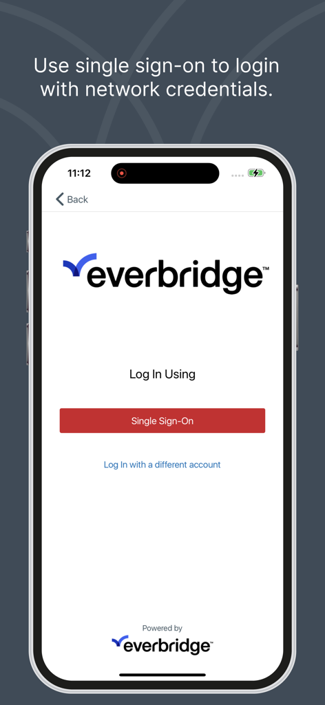 Everbridge - Tela de login do aplicativo móvel Everbridge com opção de login único para credenciais de rede