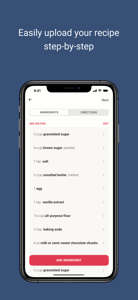 Potluck - Your Recipe Cookbook - Interface of Potluck app showing a list of ingredients during recipe upload.