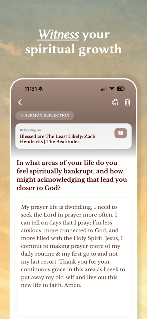 Sermon Scribe: Christian Notes - A mobile screen showing a spiritual reflection prompt and personal journaling notes about a sermon