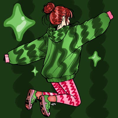 realistic girl jumping with a bun and oversized sweatshirt