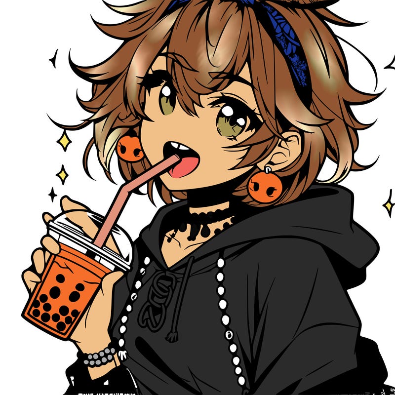 hot baddie anime girl drinking boba and biting the straw