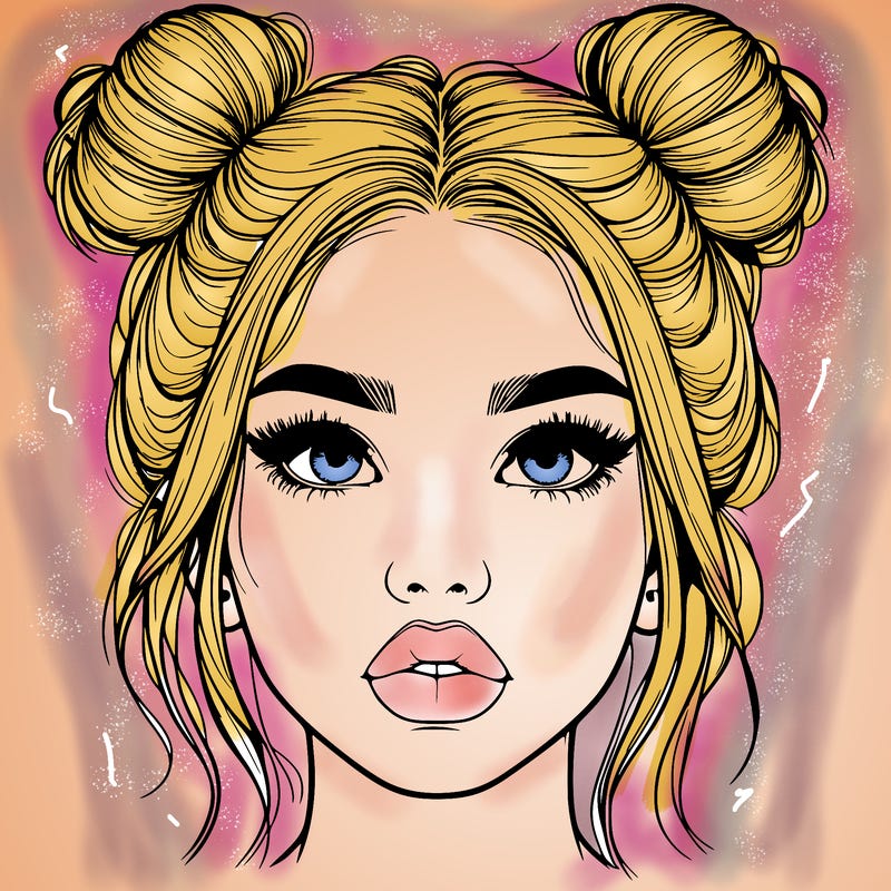 realistic girl with two buns on her hair and lips