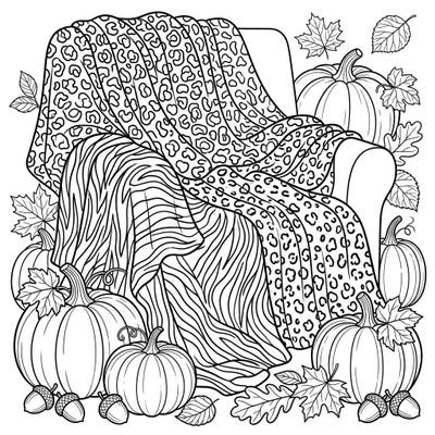 Snuggle into the crisp air of fall with this inviting coloring page featuring a cozy armchair adorned with stylish animal print throws. Surrounded by autumn's bounty like pumpkins, leaves, and acorns, it's the perfect scene to bring to life with your favorite colors.