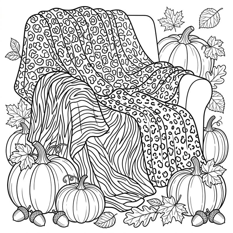 Snuggle into the crisp air of fall with this inviting coloring page featuring a cozy armchair adorned with stylish animal print throws. Surrounded by autumn's bounty like pumpkins, leaves, and acorns, it's the perfect scene to bring to life with your favorite colors.