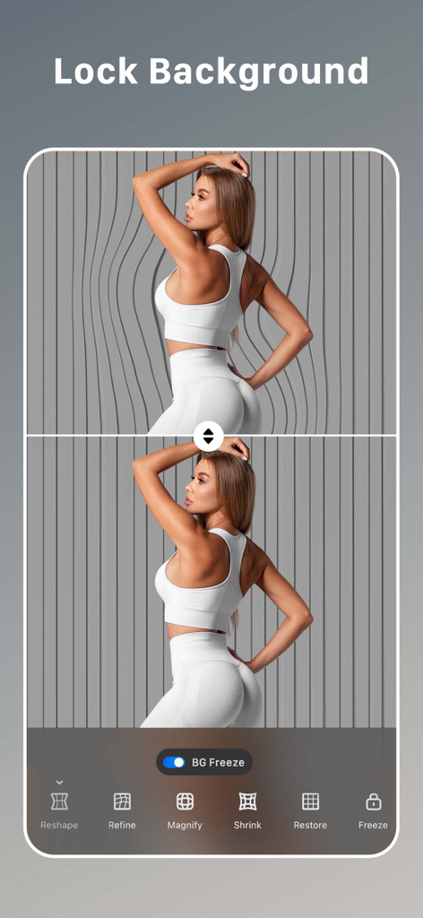 Everlook- Face & Body Editor - Comparaison côte à côte d'une photo de femme en cours de remodelage avec et sans la fonction de gel de l'arrière-plan dans l'application Everlook.