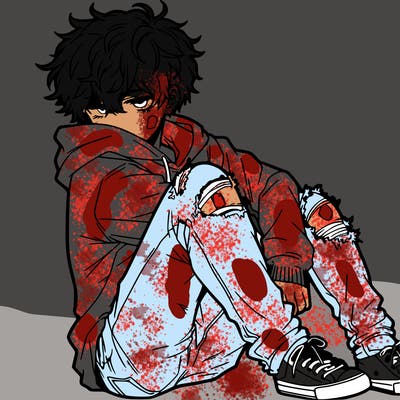 a male hoddie ripped jeans messy hair anime