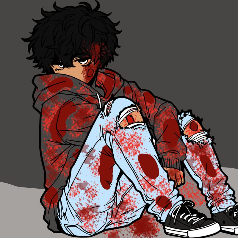 a male hoddie ripped jeans messy hair anime