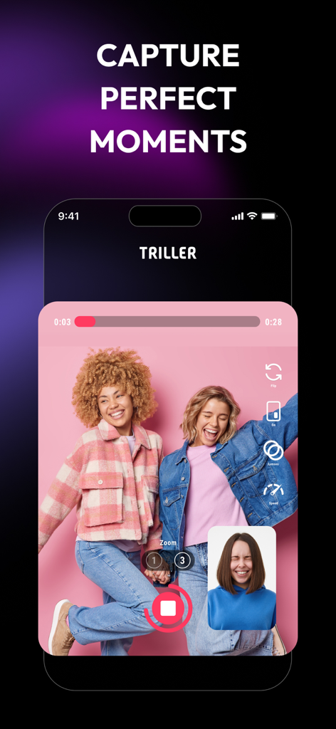 Triller app recording interface showing users capturing a video with social editing tools