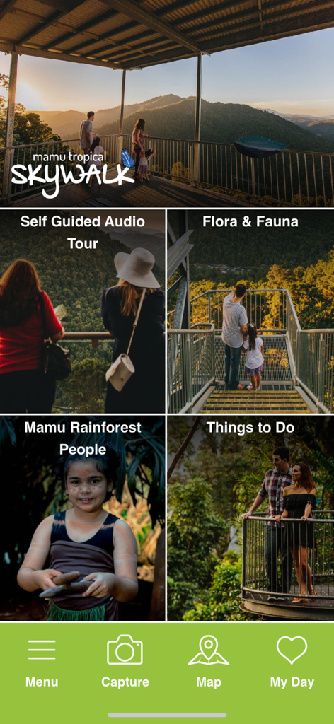 Mamu Tropical Skywalk - Home screen of the Mamu Tropical Skywalk app featuring sections for audio tours flora and fauna and indigenous history