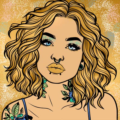 realistic woman with septum piercing and wavy hair and tattoos