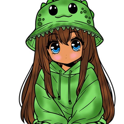 girl with anime shaped eyes with a dinosaur bucket hat oversized sweatshirt long straight hair