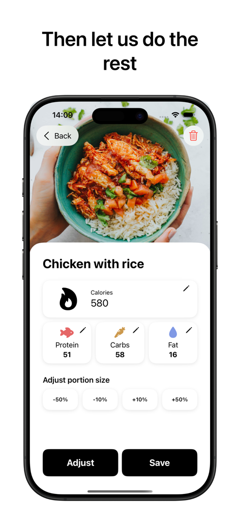 Cal Pal AI Calorie Tracker - Cal Pal AI app interface showing calorie and macro analysis of a chicken and rice bowl photo.