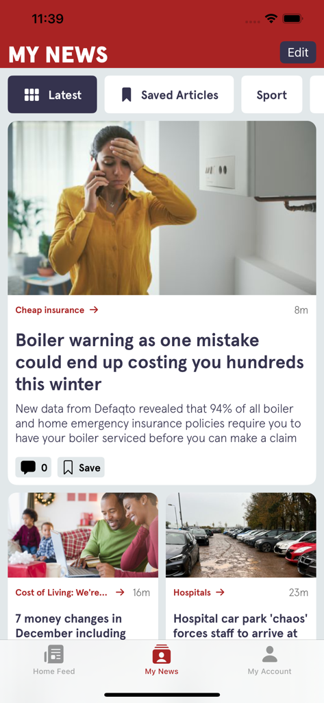 Capture d'écran de l'application The Mirror montrant la section « Mes actualités » avec des articles sur les astuces pour économiser de l'argent et les sujets tendance.