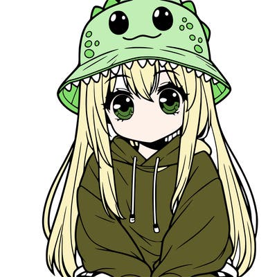 girl with anime shaped eyes with a dinosaur bucket hat oversized sweatshirt long straight hair