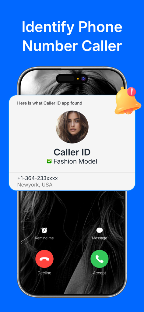 Caller ID - Spam Call Blocker - 프로필 사진과 위치 정보가 포함된 알 수 없는 발신자의 실시간 식별을 보여주는 iPhone 화면