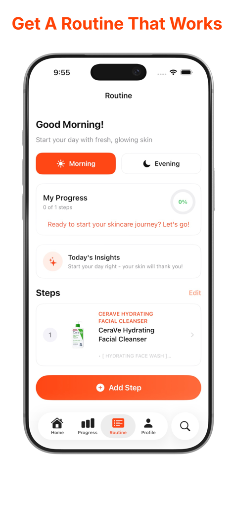 Interface of the Glemi app displaying a daily morning skincare routine and progress tracker