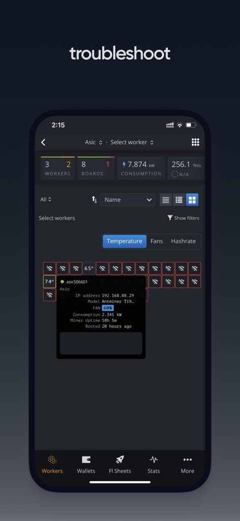 Hive OS - Hive OS app troubleshooting screen showing ASIC worker monitoring and temperature