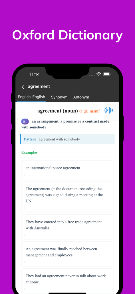 3000 Core English Vocabulary - Dictionary interface showing definition and examples for the word agreement in the 3000 Core English Vocabulary app.