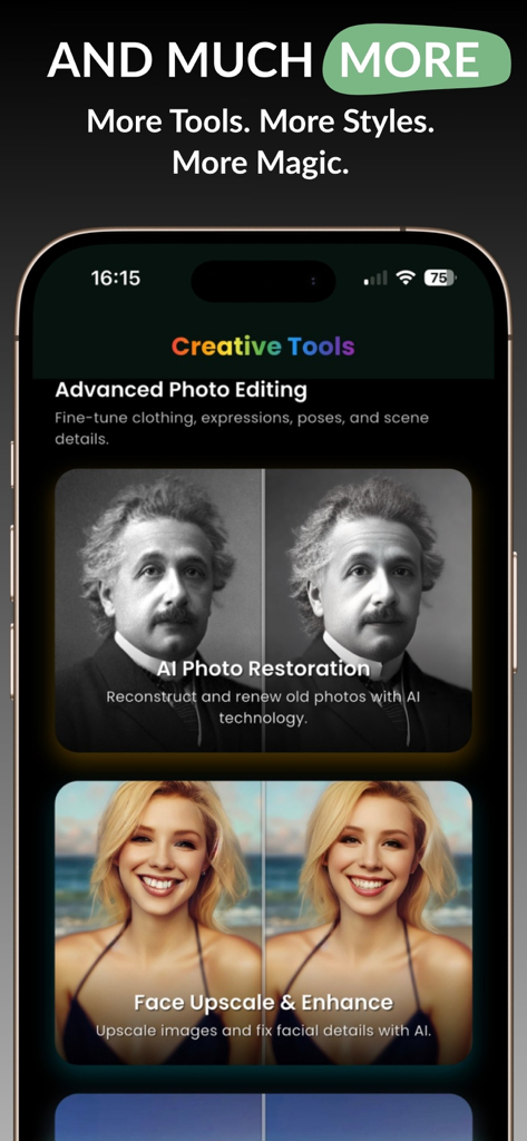 Banana Studio: AI Photo Edit - Captura de pantalla de la aplicación Banana Studio que muestra herramientas de restauración de fotos IA y mejora de rostros.