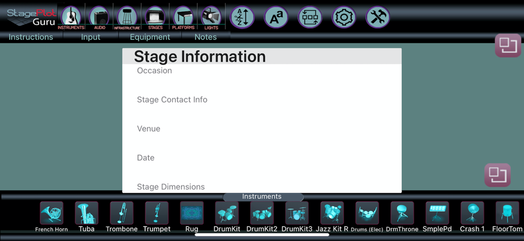 StagePlot Guru - Interface of StagePlot Guru app showing a Stage Information form over a workspace with musical instrument icons at the bottom.
