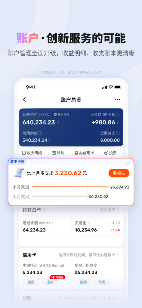 PingAn Pocket Bank account overview screen showing total assets and a monthly spending comparison report