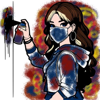 realistic girl with mask spray painting a wall