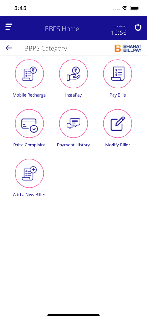 CUB MOBILE BANKING PLUS - Bharat BillPay category screen in the CUB Mobile Banking Plus app showing options for mobile recharge and bill payments