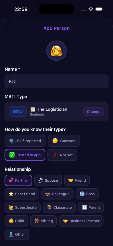 VerType: Personality Types - Interface of the VerType app showing the screen to add a person with their MBTI type and relationship category.