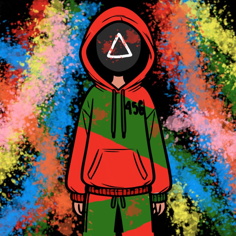 faceless girl in a tracksuit with a hood on and no hair