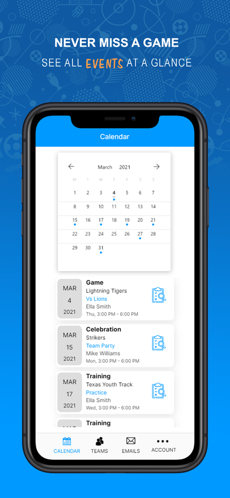 Smartphone zeigt die Kalenderansicht der TeamSideline App mit geplanten Sportspielen und Trainingseinheiten