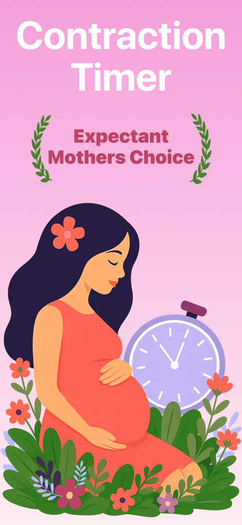 Contraction Timer Tracker . - Ilustración de una mujer embarazada y un cronómetro para registrar contracciones.