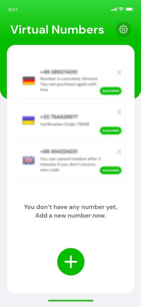 Mobile app screen showing a list of virtual phone numbers and a green button to add a new number.