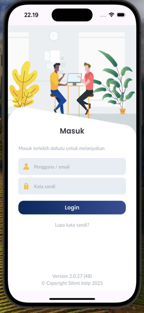Anmeldeseite der Silent Intip Reporting App mit Feldern für Benutzername und Passwort sowie einer professionellen Büroillustration