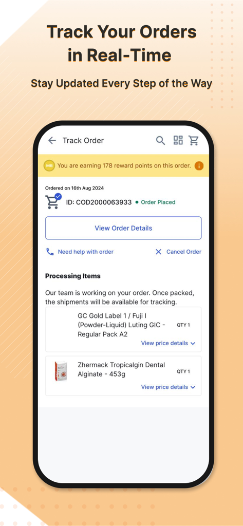 Medikabazaar-Medical Supplies - Medikabazaar app interface showing real-time order tracking for medical and dental supplies