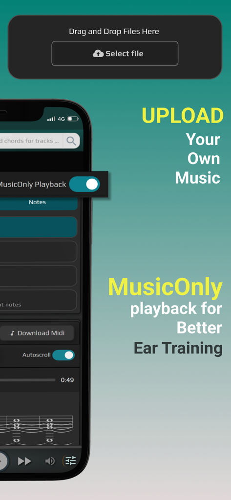 ChordU - get chords & notes - ChordU app screen showing the upload music feature and MusicOnly playback for ear training
