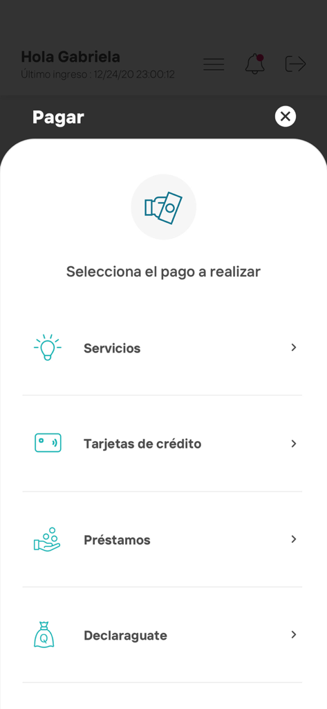 Bantrab app payment interface with options for services credit cards loans and taxes