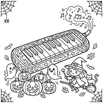 Get ready for a musical and spooky adventure with this Halloween melodica coloring page for kids! Featuring playful ghosts, smiling pumpkins, and a cute witch, it's perfect for creative fun.