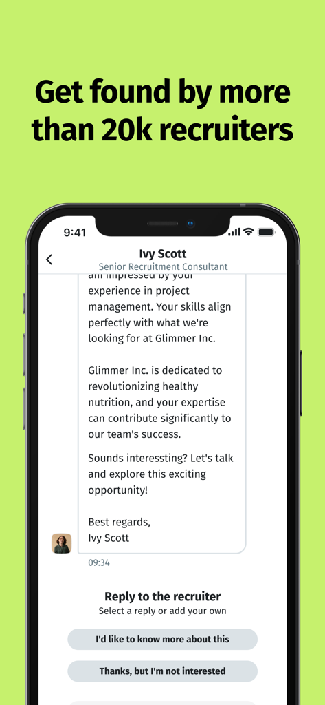 Écran de l'application XING montrant un message d'un recruteur et des options de réponse rapide